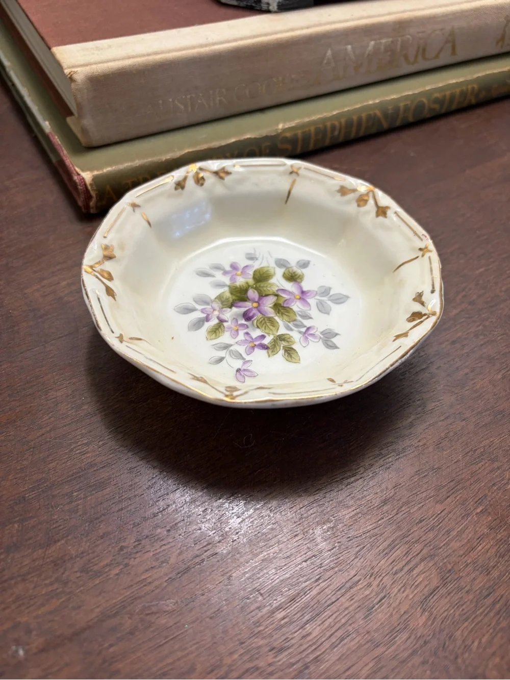 Vintage Floral Ceramic accent Bowl - hand painted Purple Flowers quiet luxury